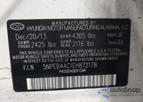 2014 Hyundai Sonata Gls z USA, uszkodzony, nr VIN 5NPEB4AC1EH872178